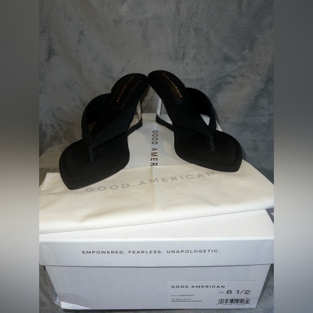 Good American Wedge Slides with clear heel.